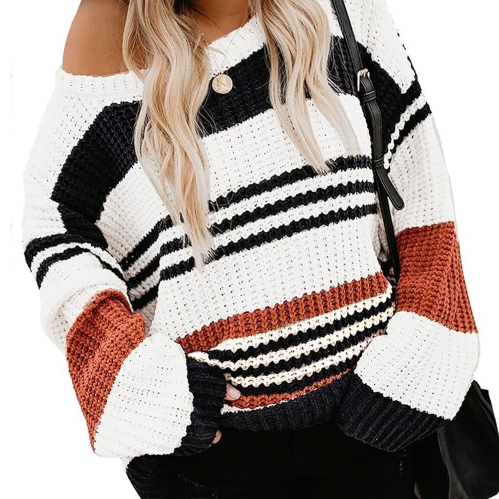 Striped Off-Shoulder Sweater - Black, White, Brown